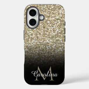 Gold Glitter, Black, Personalised iPhone 16 Case