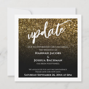 Gold Glitter & Black Postponed Wedding Update Card