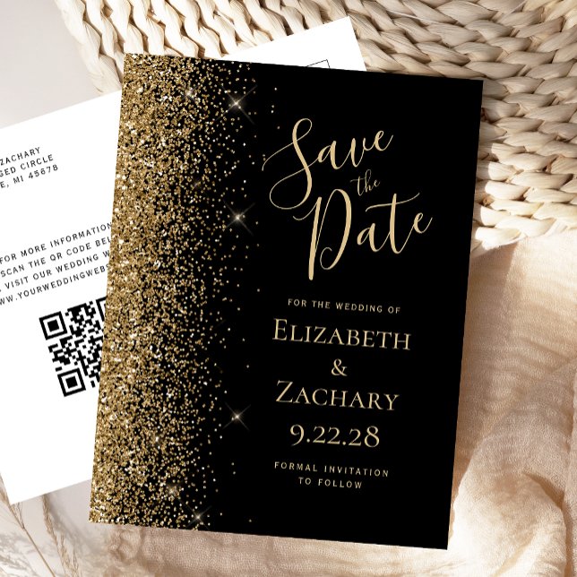 Gold Glitter Black QR Code Save the Date Announcement Postcard (Creator Uploaded)
