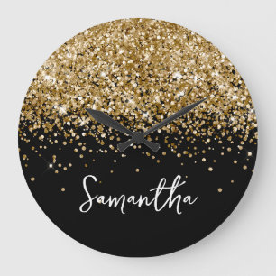 Gold Glitter Black Script Name Large Clock