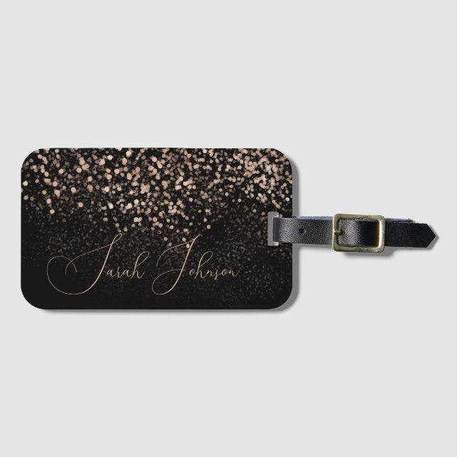 Gold Glitter & Black Script Name Luggage Tag (Front Horizontal)