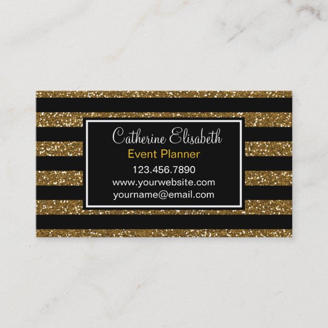 Gold Glitter & Black Stripes Business Card (Front)