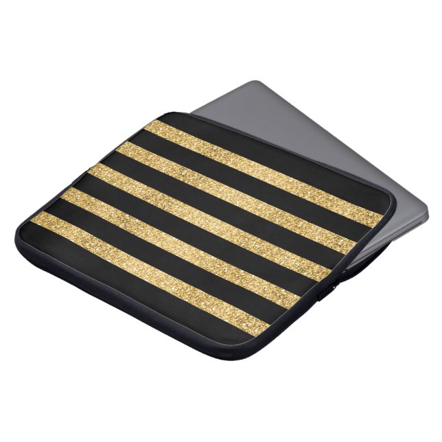 Gold Glitter Black Stripes Pattern Monogram Laptop Sleeve (Front Top)