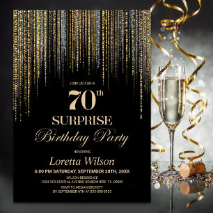 Gold Glitter Black Surprise 70th Birthday Party Invitation