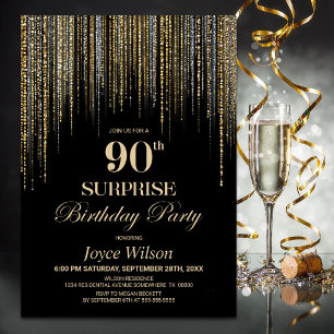 Gold Glitter Black Surprise 90th Birthday Party Invitation
