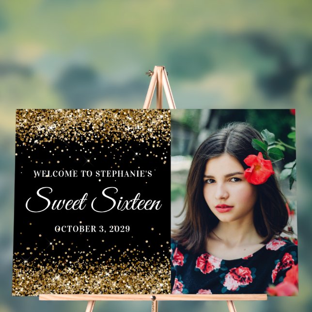 Gold Glitter Black Sweet Sixteen Welcome Acrylic Sign (Neutral)