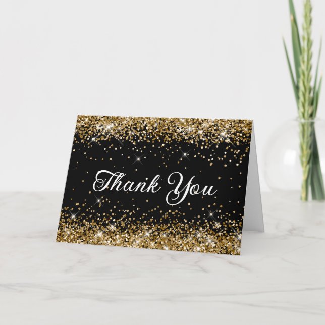 Gold Glitter Black Thank You Card (Front)
