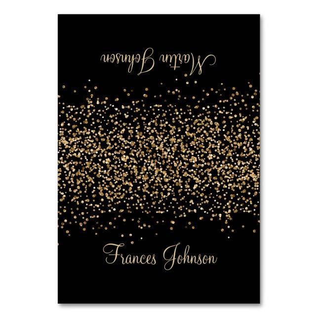Gold Glitter Black Two Name Place Cards (Front)