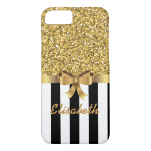 GOLD GLITTER BLACK vertical STRIPES BOW MONOGRAM iPhone 8/7 Case