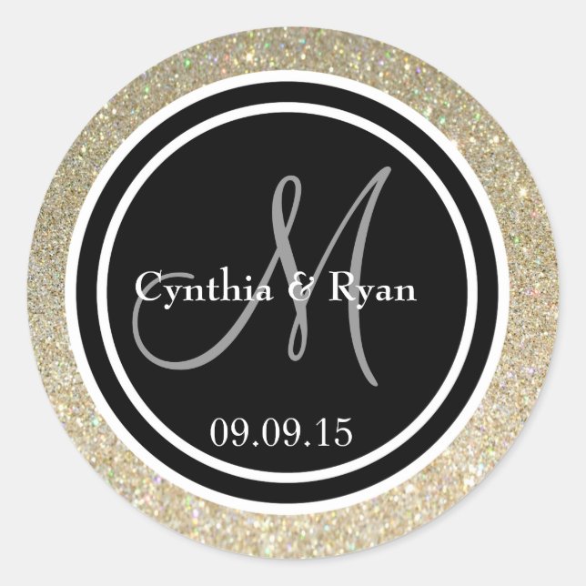 Gold Glitter & Black Wedding Monogram Seal (Front)