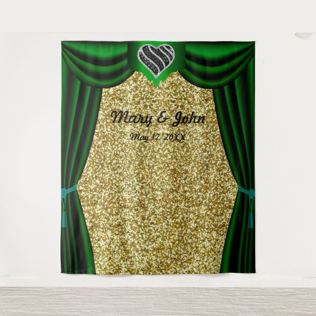 Gold Glitter Black & White Heart Green Curtain Tapestry (Front)