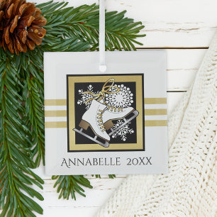 Gold Glitter Black White Ice Skating Glass Tree Decoration