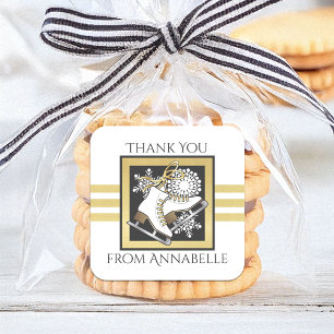 Gold Glitter Black White Ice Skating Party Favour Square Sticker