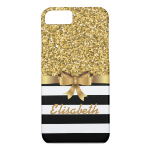 Gold GLITTER BLACK white stripe GOLD BOW MONOGRAM iPhone 8/7 Case