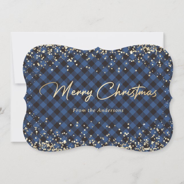 Gold Glitter Blue Buffalo Plaid Christmas Cards (Front)