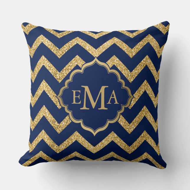 Gold Glitter Blue Chevron Zigzag Pattern Monogram Cushion (Front)
