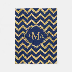 Gold Glitter Blue Chevron Zigzag Pattern Monogram Fleece Blanket