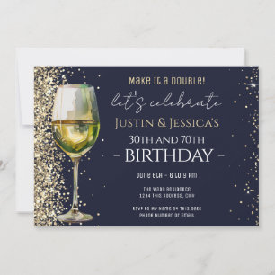 Gold Glitter Blue Double Wine Birthday Party Invitation