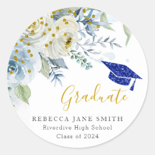 Gold Glitter Blue Floral Graduation Sticker