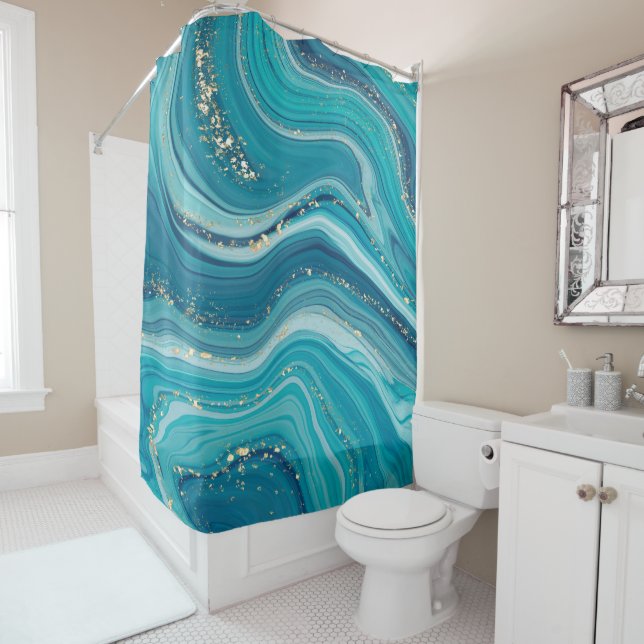 Gold Glitter Blue Marble Stone  Shower Curtain (In Situ)