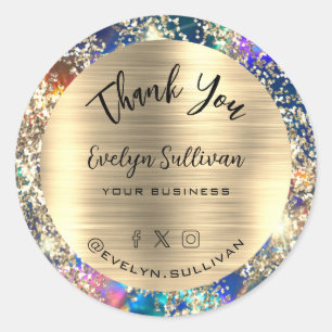 Gold Glitter Blue Opal Thank You Classic Round Sticker