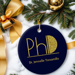 Gold Glitter Blue PhD Graduation Ceramic Ornament