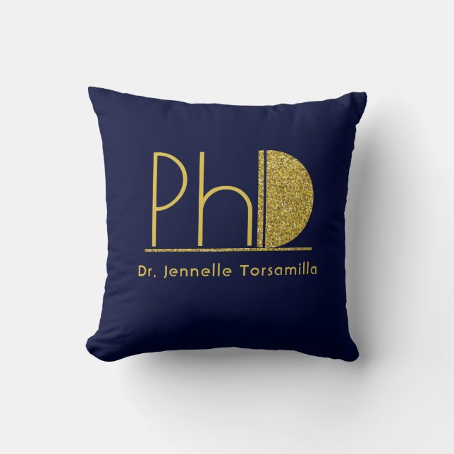 Gold Glitter Blue PhD Graduation Cushion (Front)