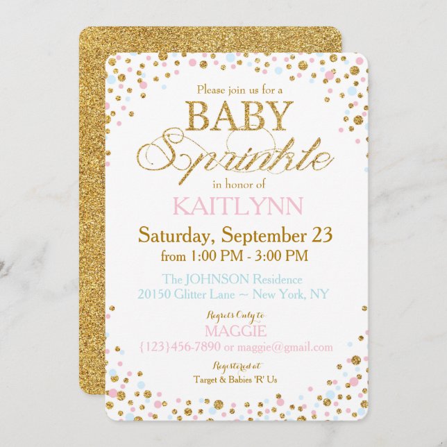 Gold Glitter Blue Pink Twins Sprinkle Baby Shower Invitation (Front/Back)