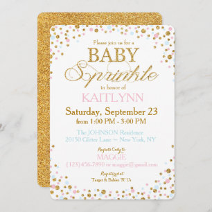 Gold Glitter Blue Pink Twins Sprinkle Baby Shower Invitation