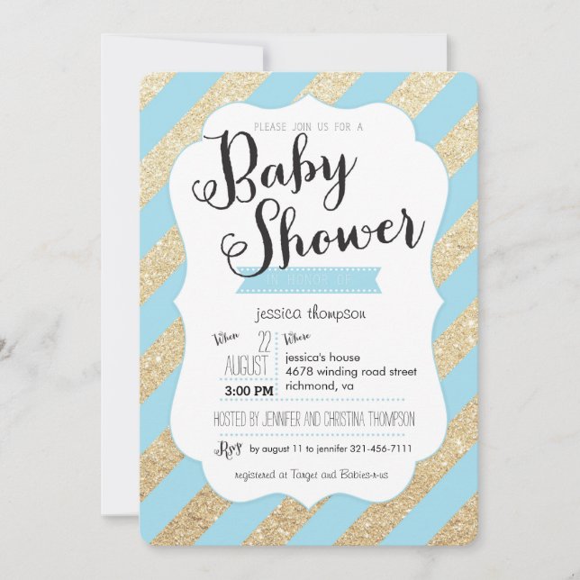 Gold Glitter & Blue Stripes Baby Boy Shower Invite (Front)