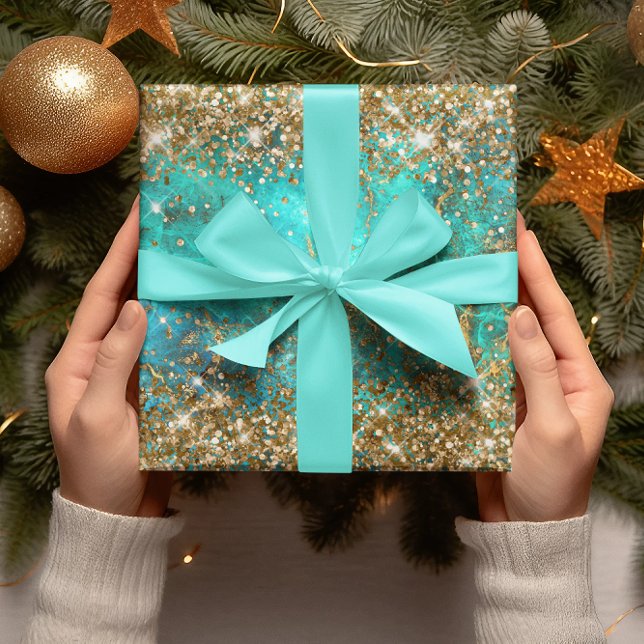 Gold Glitter Blue Turquoise Gemstone Fire Glam Wrapping Paper Sheet (Gold Glitter Blue Turquoise Gemstone Fire Glam Wrapping Paper Sheets)