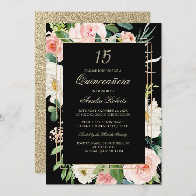 Gold Glitter Blush Black Floral Quinceanera Invitation (Front/Back)
