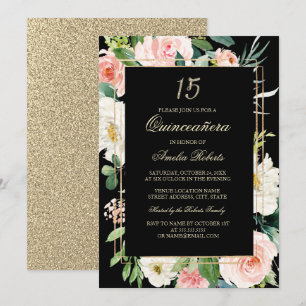 Gold Glitter Blush Black Floral Quinceanera Invitation