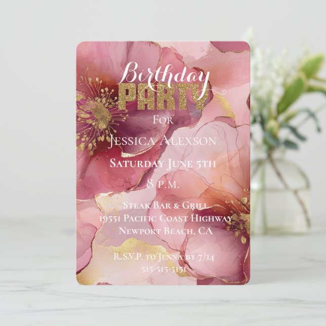 Gold Glitter Blush Burgundy Flowers Birthday  Invitation (Standing Front)