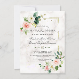 Gold Glitter Blush Floral Marble Rehearsal Dinner Invitation