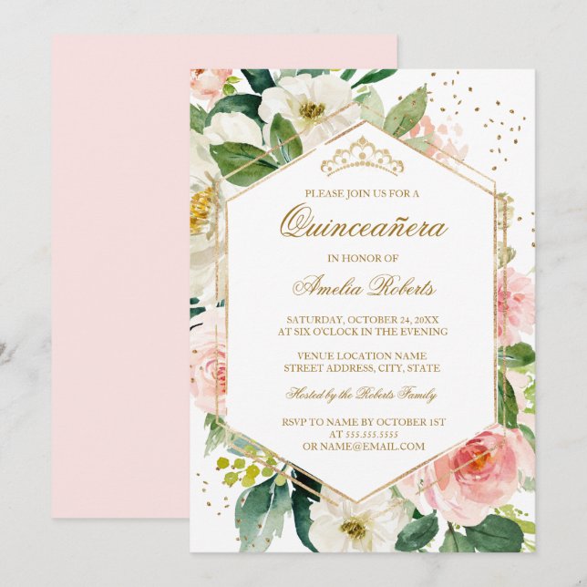 Gold Glitter Blush Floral Quinceanera Birthday Invitation (Front/Back)