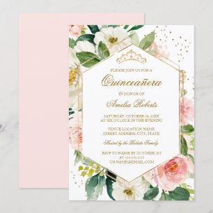 Gold Glitter Blush Floral Quinceanera Birthday Invitation