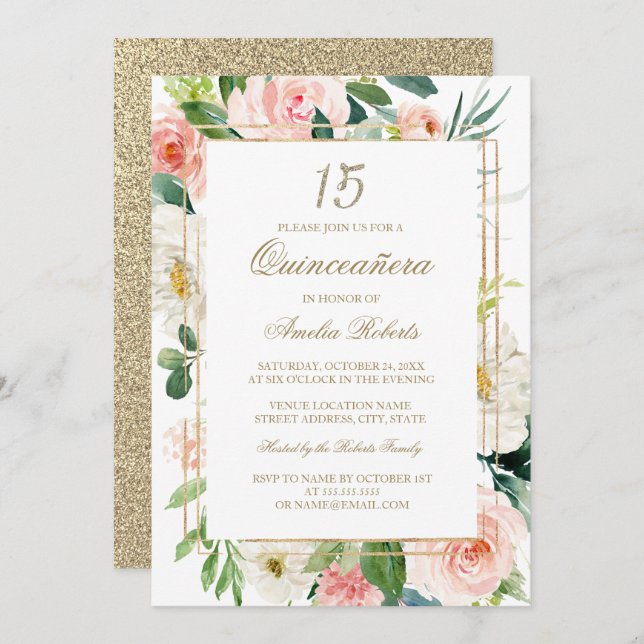 Gold Glitter Blush Floral Quinceanera Invitation (Front/Back)