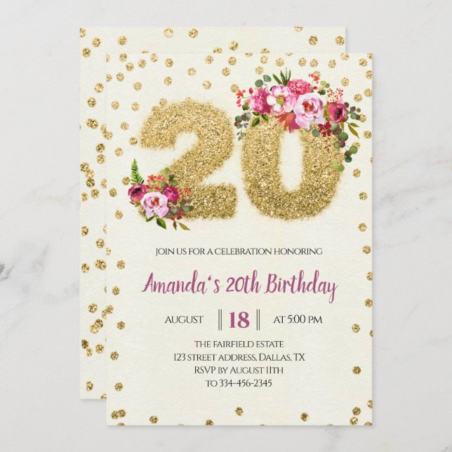Gold Glitter Blush Pink 20th Birthday Invitation (Front/Back)