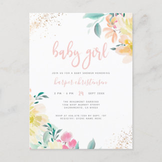 Gold Glitter Blush Pink Floral Girl Baby Shower Invitation Postcard
