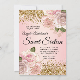 Gold Glitter Blush Pink Floral Glam Sweet Sixteen Invitation