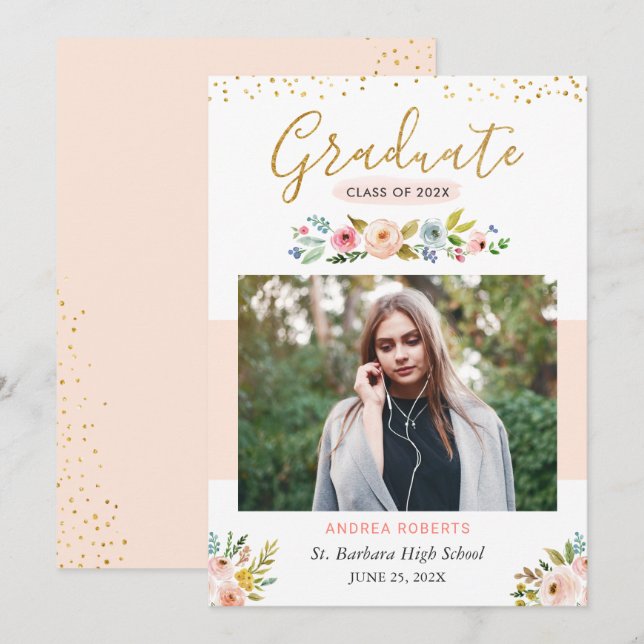 Gold Glitter Blush Pink Floral Photo Graduation Announcement (Front/Back)