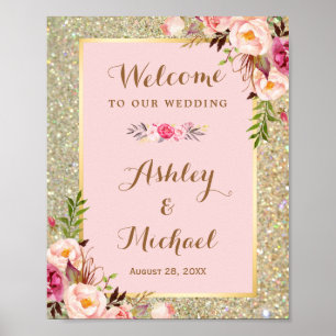 Gold Glitter Blush Pink Floral Wedding Sign