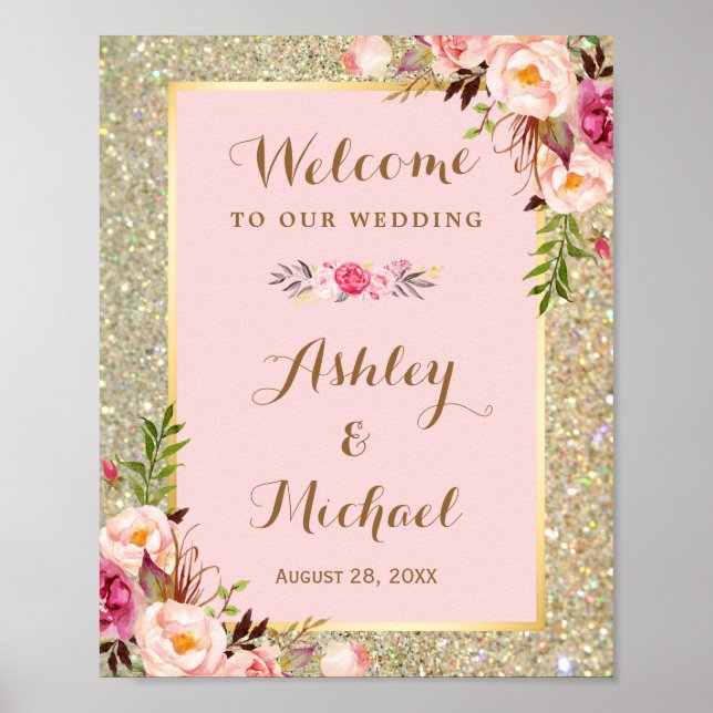 Gold Glitter Blush Pink Floral Wedding Sign (Front)
