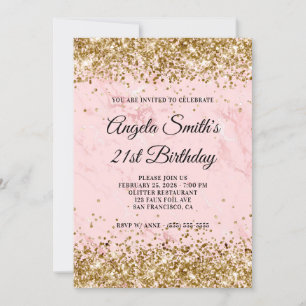 Gold Glitter Blush Pink Marble 21st Birthday Invitation