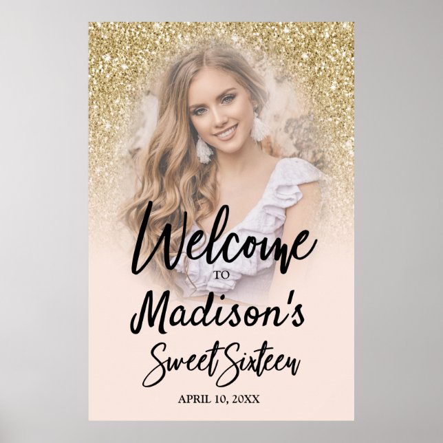 Gold Glitter & Blush Pink Sweet 16 Photo Poster (Front)