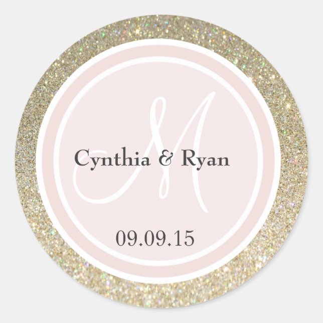 Gold Glitter & Blush Pink Wedding Monogram Classic Round Sticker (Front)