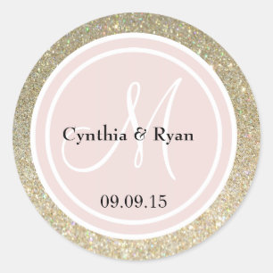 Gold Glitter & Blush Pink Wedding Monogram Classic Round Sticker