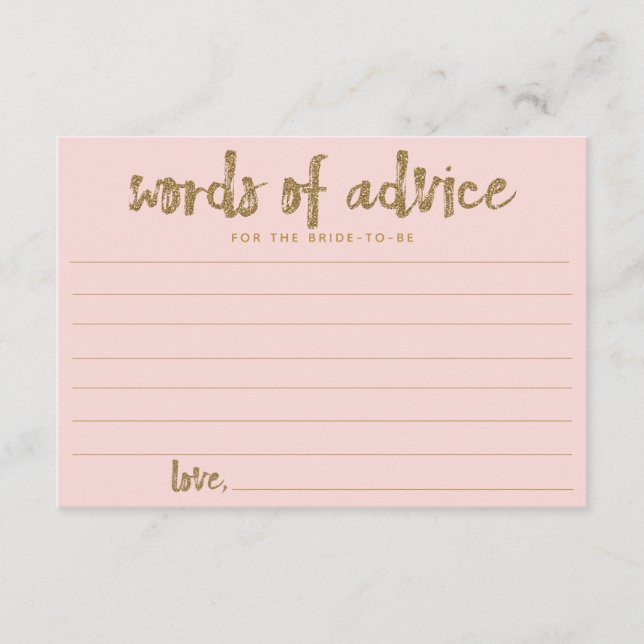 Gold Glitter Blush Pink Words of Advice for Brides Card (Front)