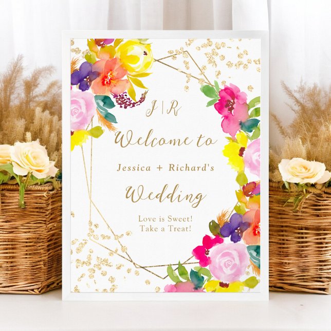 Gold glitter boho bold floral wedding welcome poster (Gold glitter boho bold floral wedding welcome poster)